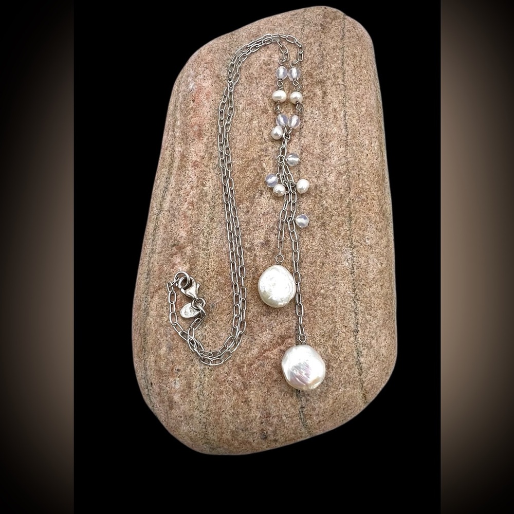 QG Designer Sterling Silver Natural Coin Pearl Opalite Lariat Y Choker Necklace
